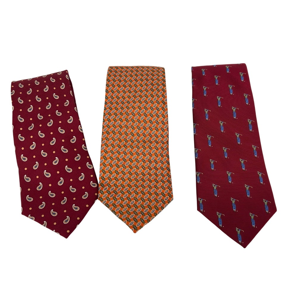 Jos A Bank Silk Tie Lot of 3 Red Burgundy Orange Golf Paisley Geometric Mens Tie
